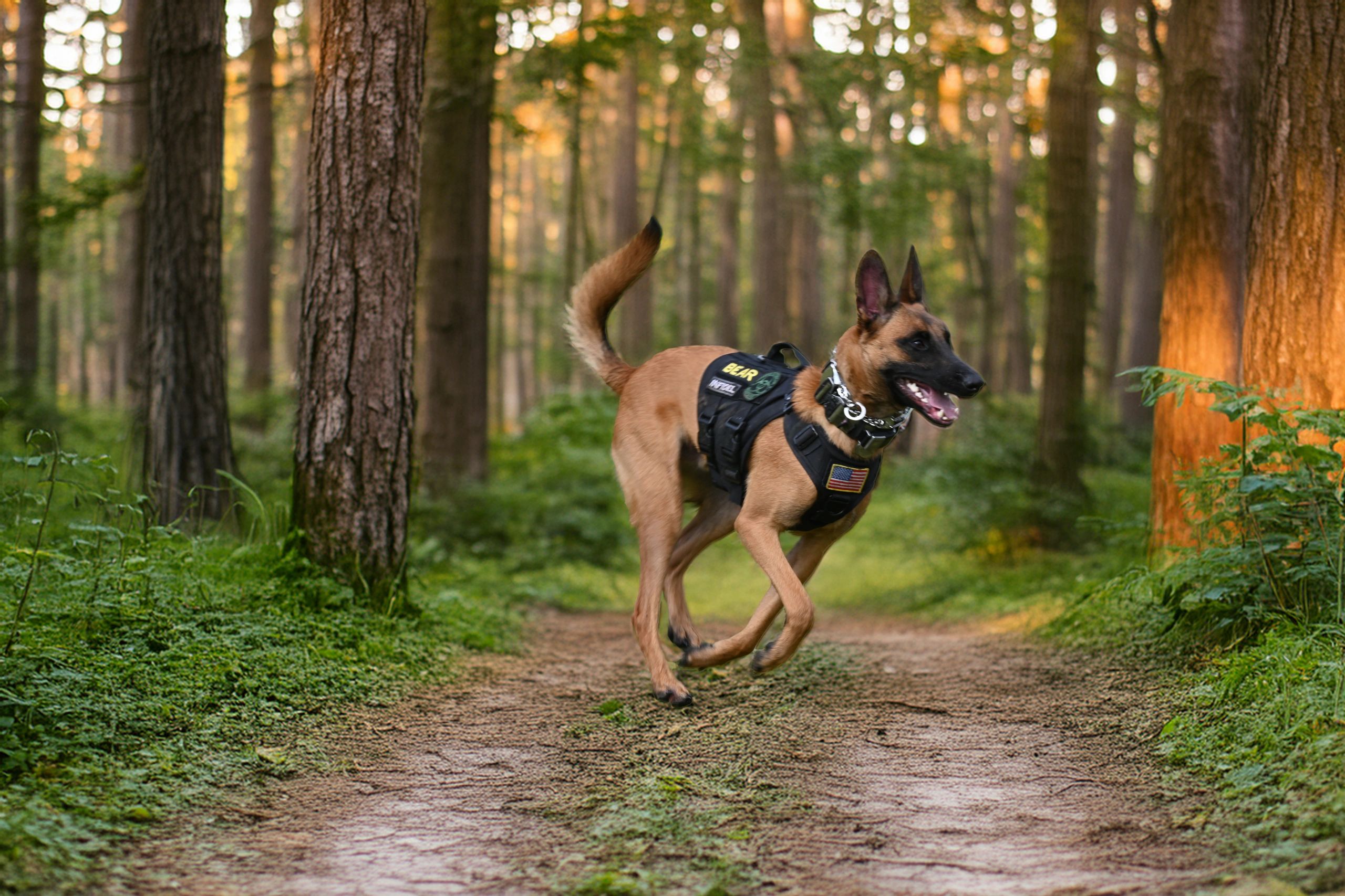 Big Bear on a forest trail in his BEAR vest